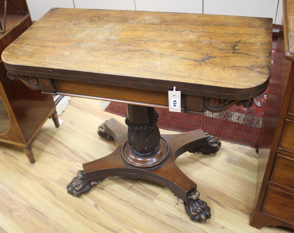 A Victorian rosewood folding card table, W.91cm D.45cm H.72cm